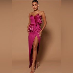 Maxi Asymmetrical dress with feather embellishments